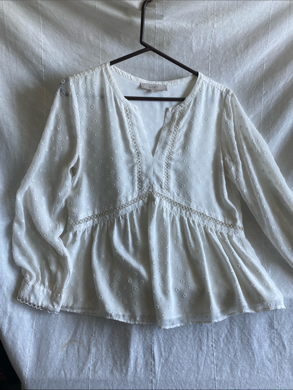 LOFT White Swiss Dot Peasant Blouse with Lace Trim